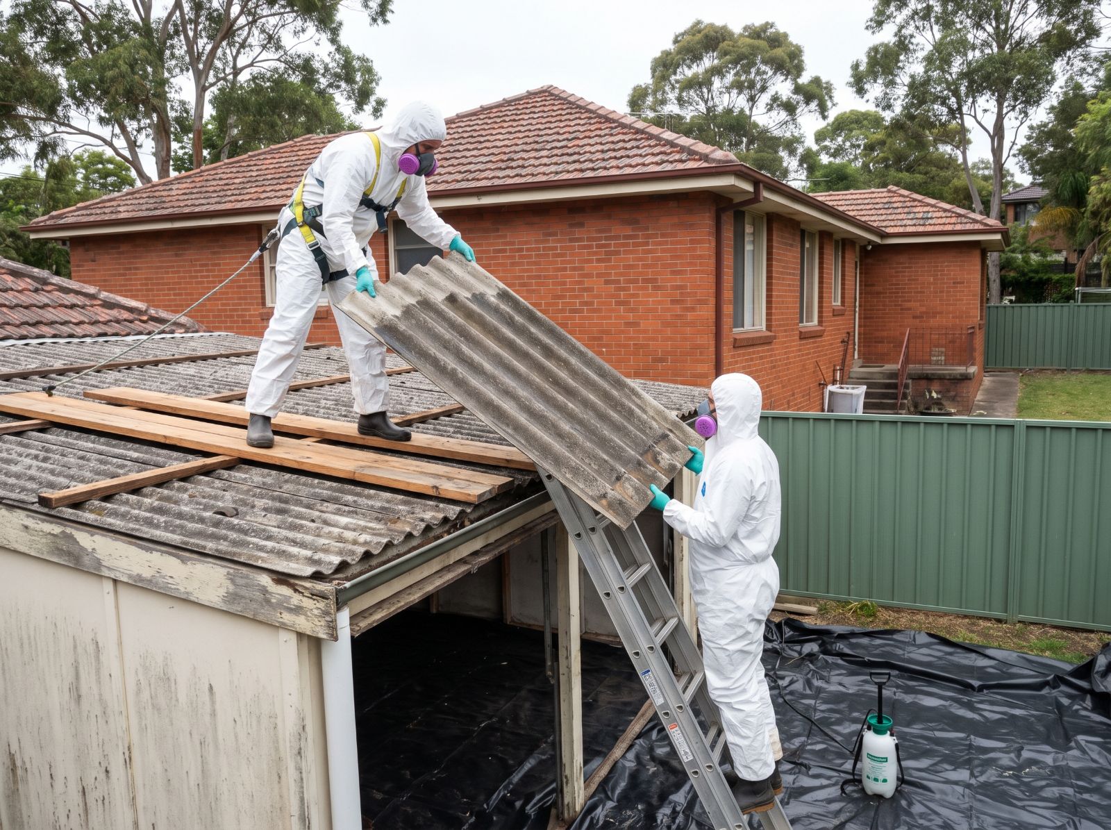 Asbestos removalists in coveralls and respirators lowering a whole corrugated fibro sheet from a garage roof