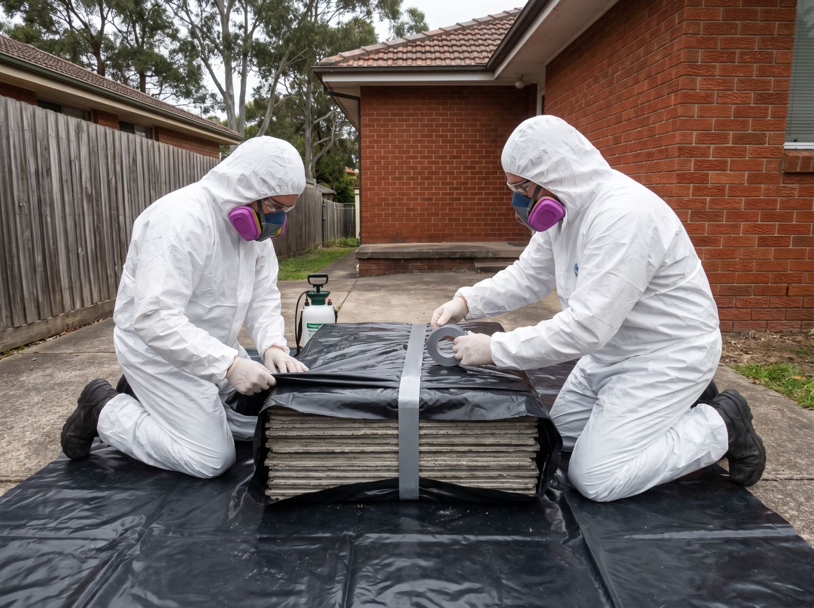 Two asbestos removalists wrapping a stack of fibro sheets in heavy black plastic